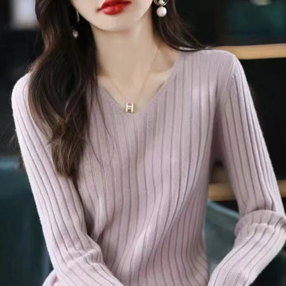 Sweater Long Sleeve Top Knitted Pullover V-neck Sweater Woman Winter Basic Female Clothing Soild Ol Sweater Df4933