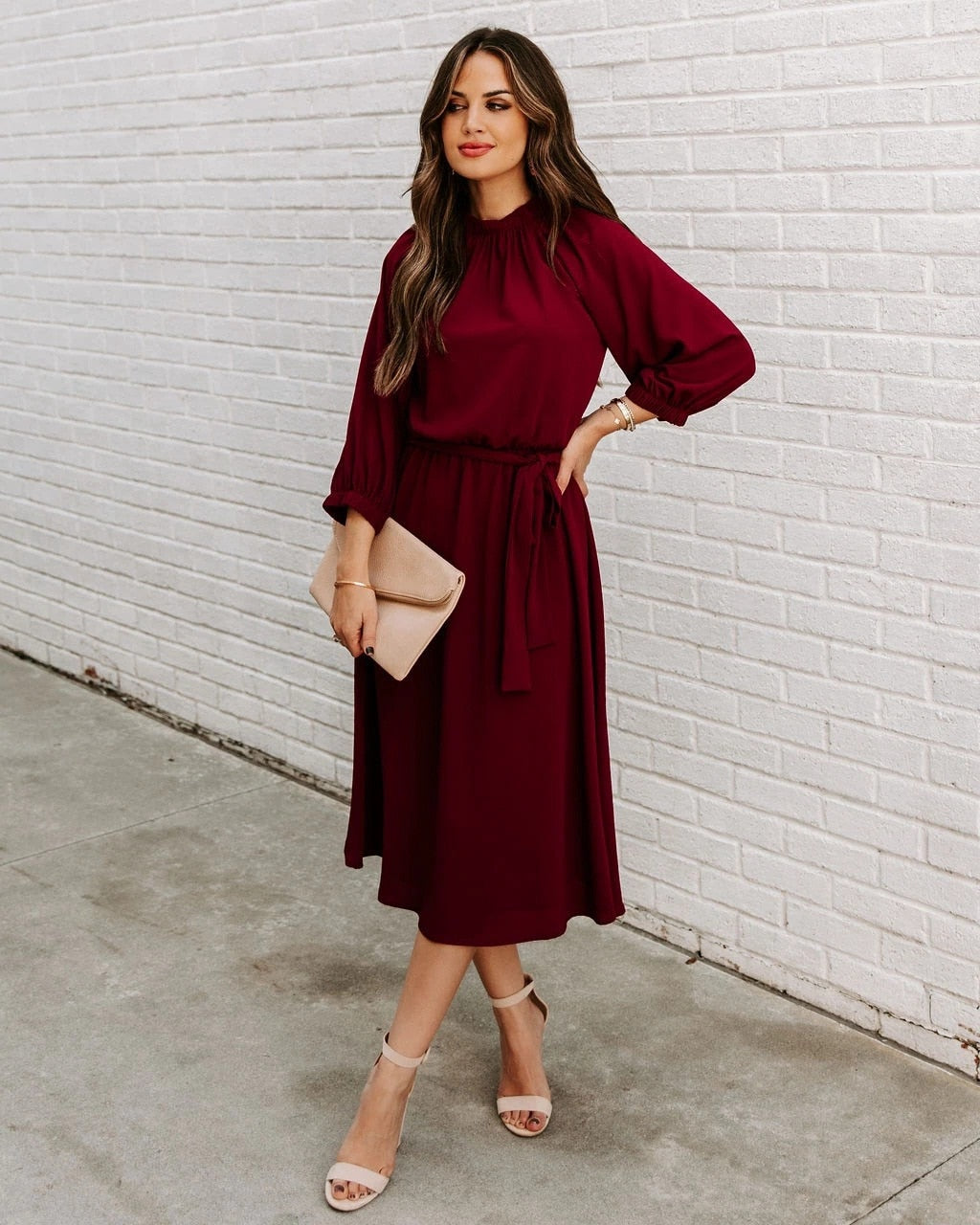 Office Dress Formal Loose Green Long Sleeve Belt A-line Midi Dresses