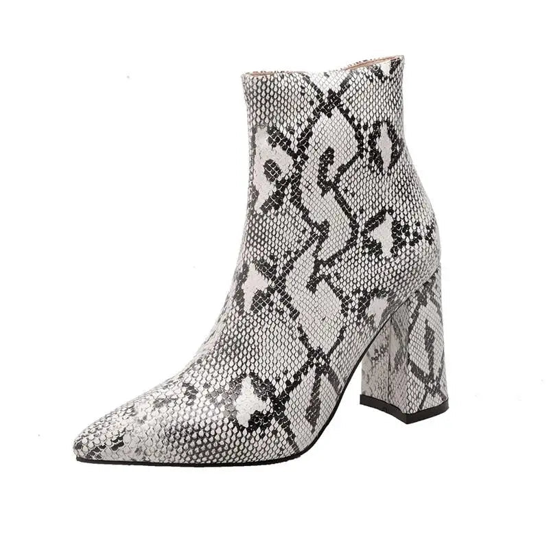 Snake Print Pu Leather Ankle Boots Zip Pointed Toe Footwear Block High Heels Female Boot Winter Party Shoes New 43
