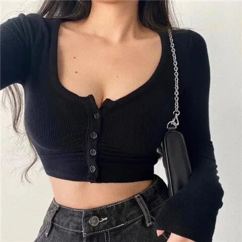 Slim V-neck Long Sleeve Bottomed Tops and Blouses High Street Color Open Navel Cardigan