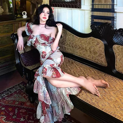 Print Offshoulder Dress Sweet Ruffle Long Midi Dress Style Summer Party Dress Female