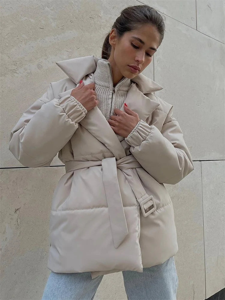 Winter Lace-up Pocket Parkas Outwear Female V-neck Loose Long Sleeve High Waist Bandage Coat Outwear