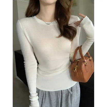 Autumn Winter New Slim Versatile Sweaters Korean Long Sleeve Knitted Round Neck Pullover Tops Clothes