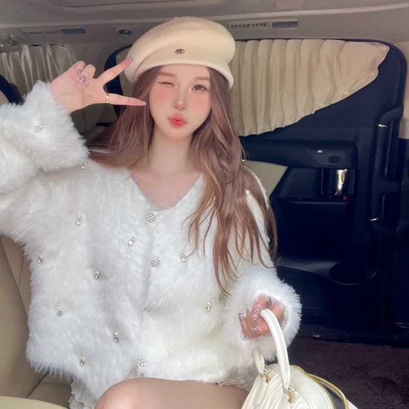 Sweet Hot Girl Mink Fur Knitted Cardigan Autumn and Winter Loose Oneck Longsleeved Short Top Female Clothes