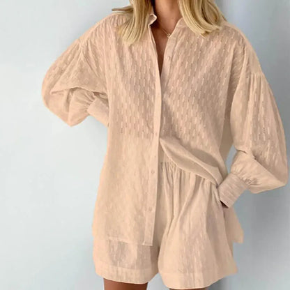 New Beach Shirt Shorts Twopiece Set Summer Tracksuit Female Loose Long Sleeve Top Suit Lounge Wear Homewear