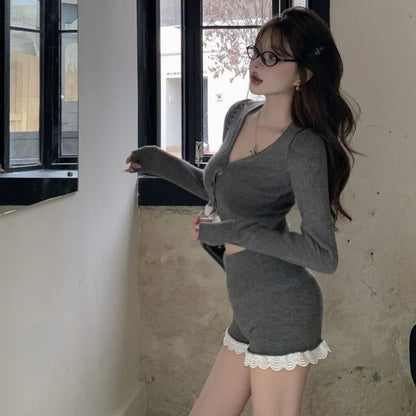Sweet Hot Girl Suit Summer Longsleeved Vneck Cardigan Highwaisted Shorts Twopiece Set Female Clothes