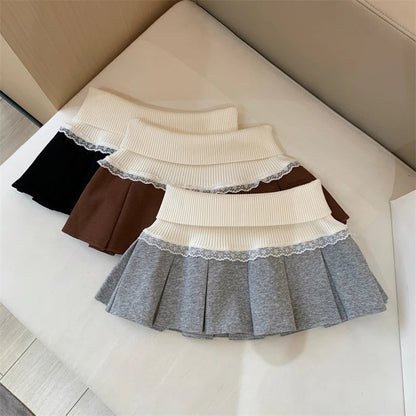 Y2k 2000s Mini Skirt Korean Knitted Lace Patchwork Black Pleated Skirts Preppy Aesthetic High Waist a Line Skirt