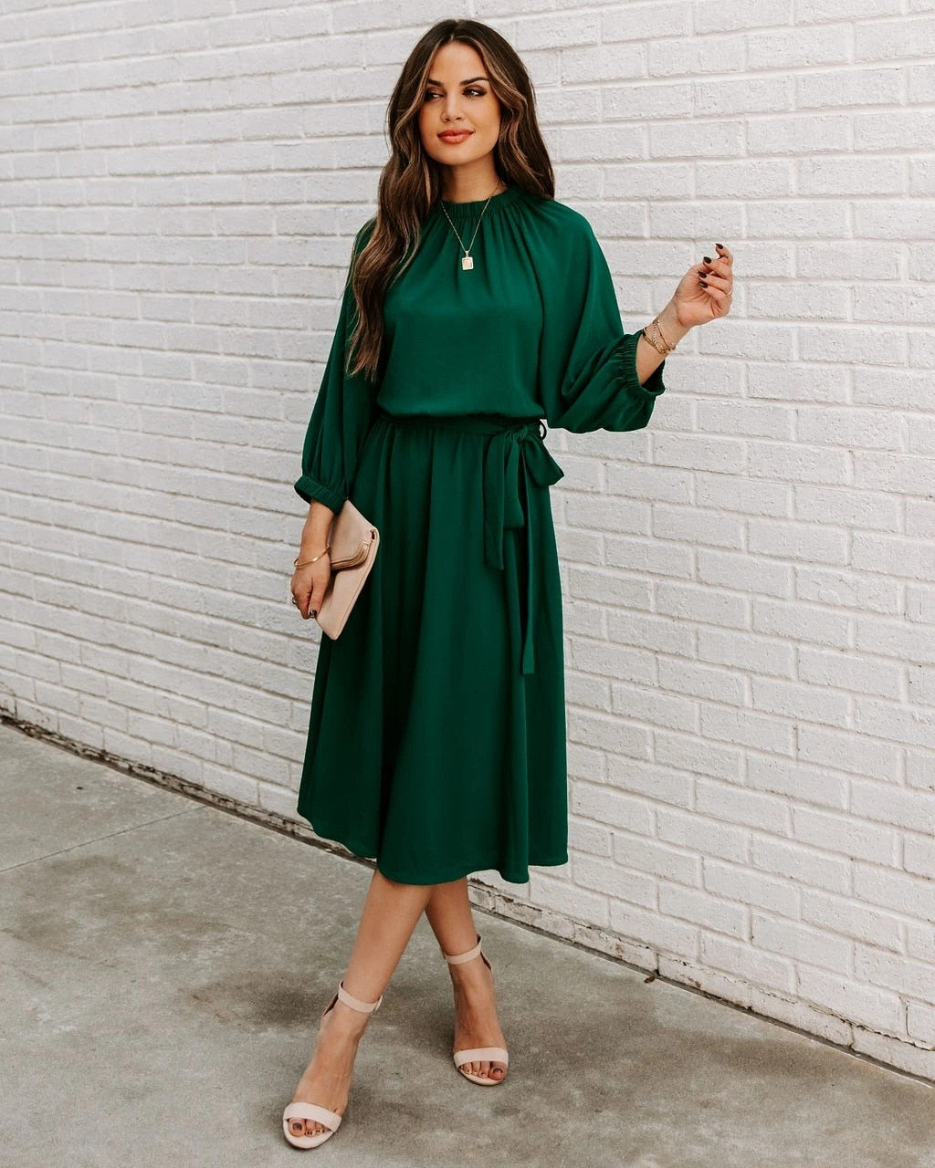 Office Dress Formal Loose Green Long Sleeve Belt A-line Midi Dresses