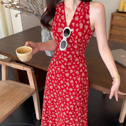 Halter Dresses Beach Style Hollow Out Spring Summer Long Dress Korean Vestidos Mujer