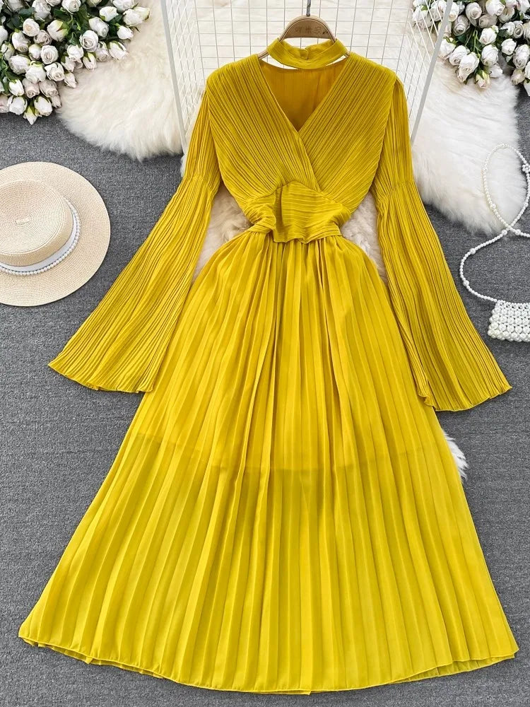 Autumn Flare Sleeve V-neck Midi Dresses for Pleated A-line Party Dress Korean One Piece Vestidos New