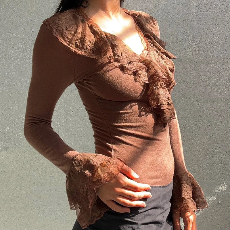 Lace Ruffles Neck Brown T-shirt Y2k Long Sleeve Fitted Top Stylish 2000s Tee Fall