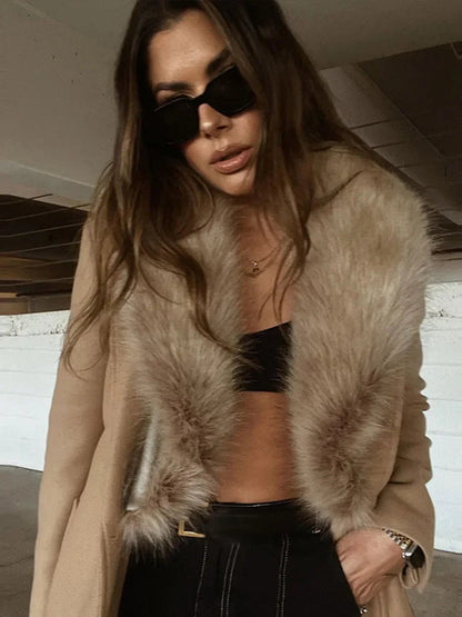 Faux Fur Patchwork Collar Woolen Belts Coat Button Up Pocket Thicken Warm Outwear Female Winter Jacket