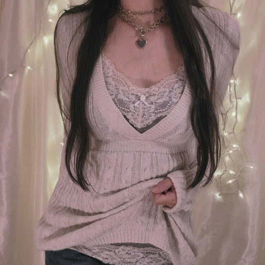 Fairycore Y2k Grunge Knitted Sweater 90s V Neck Pullovers Aesthetics Retro Jumpers Knitwear