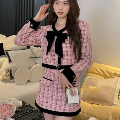 Autumn Winter Tweed Two-piece Skirt Set Short Jacket Coat + Mini Skirt Suits Korean Female Outfits