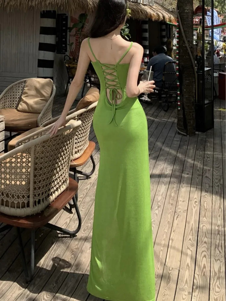 Spaghetti Strap Green Long Dresses Slash Neck Sleeveless Bodycon Party Dress Summer Holiday Beach Vestidos Robe New