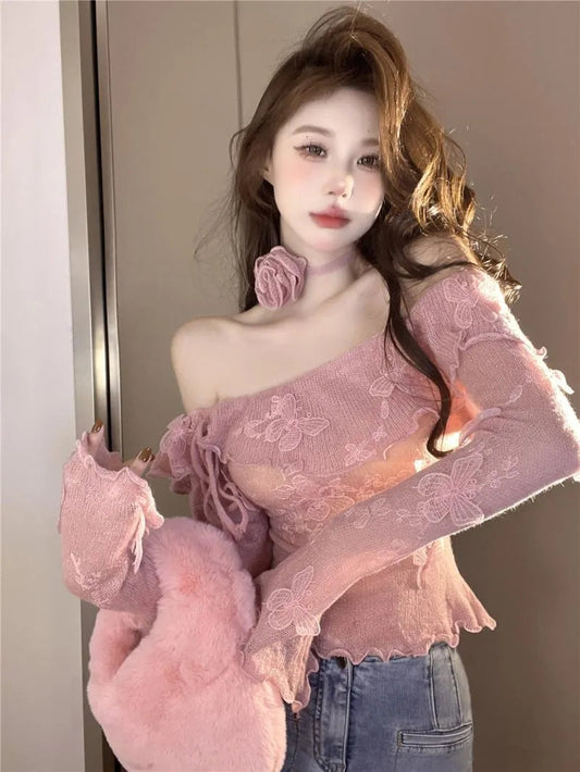 Sweet Hot Girl Flare Sleeved Sweater Autumn and Winter Off Shoulder Slash Neck Knitted Pullover Female Clothes