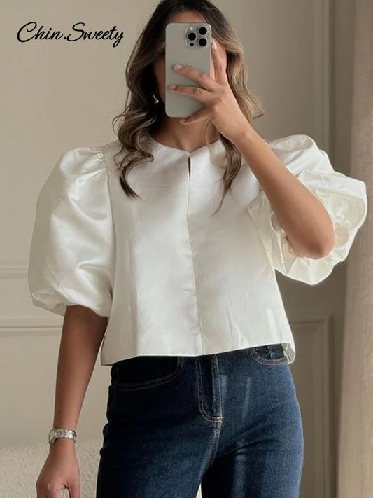 Satin Puff Short Sleeve Top Loose Buckle O-neck Shirts Female Spring Summer Office Lady Outwear