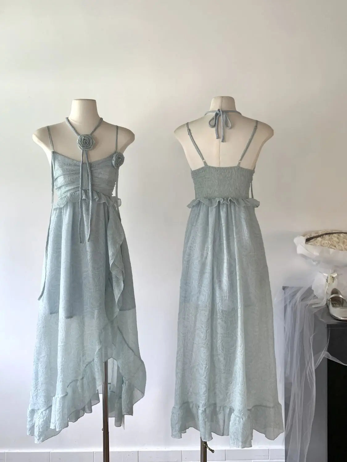 Korean Fairycore Midi Dress for Sweet Spaghetti Strap Halter Ruffles Birthday Party Dresses Summer Holiday Beach Vestidos