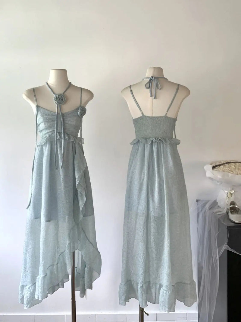Korean Fairycore Midi Dress for Sweet Spaghetti Strap Halter Ruffles Birthday Party Dresses Summer Holiday Beach Vestidos