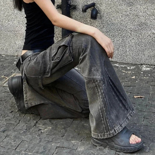 Distressed Washed Loose Cargo Jeans Spring New Korean Low Waist Pleated Denim Wide Leg Pants