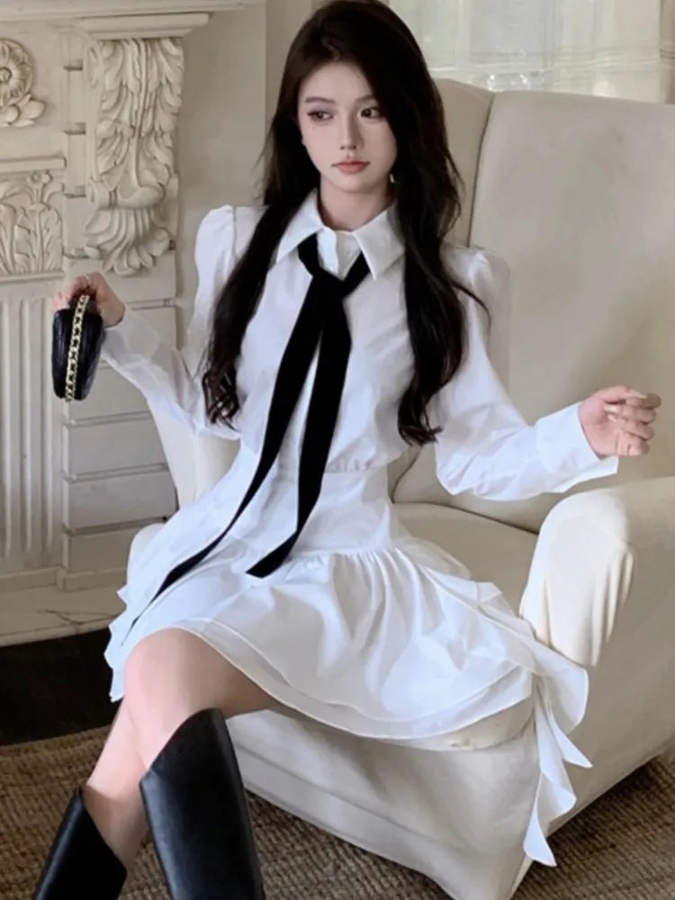 White Shirt Dresses Korean Preppy Style Long Sleeves Ruffle Party Mini Dress Slim Waist Vestidos Female Outfits