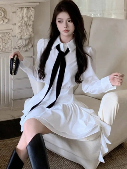 White Shirt Dresses Korean Preppy Style Long Sleeves Ruffle Party Mini Dress Slim Waist Vestidos Female Outfits