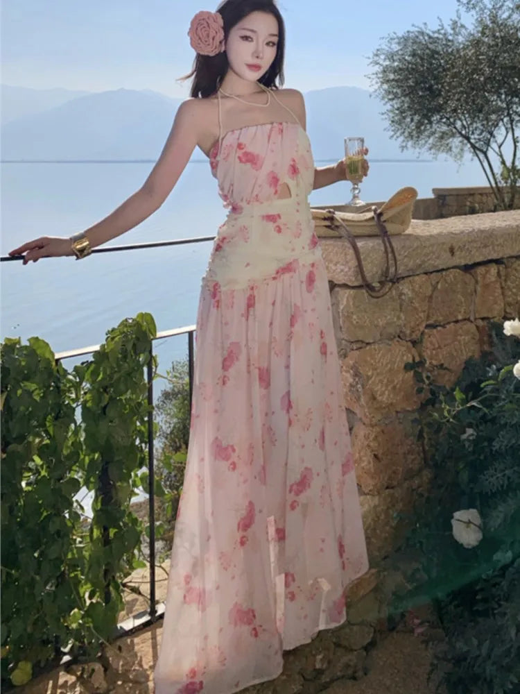 Sweet Print Long Dresses for Strapless Sleeveless Evening Party Dress New Holiday Beach Vestidos