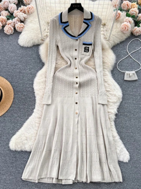 Knitted Dress Spring Autumn Long Sleeve V-neck Bodyon Dresses Slim A-line Single Breasted Sweater Robe