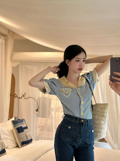 Blue Embroidered Shirts Lapel Sweet Temperament Blouses Y2k Clothing New Korean Blusa Mujer Moda