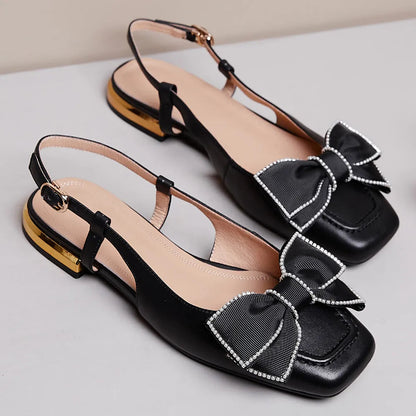 Genuine Leather Slingback Slipon Flats Sandals Square Toe Sweet Bowtie Korean Style Summer Flats Sandalias Shoes