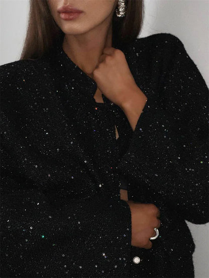 Black Sequin Outwear Female Loose Patchwork High Waist Long Sleeve Jacket Glitter Female Coat New