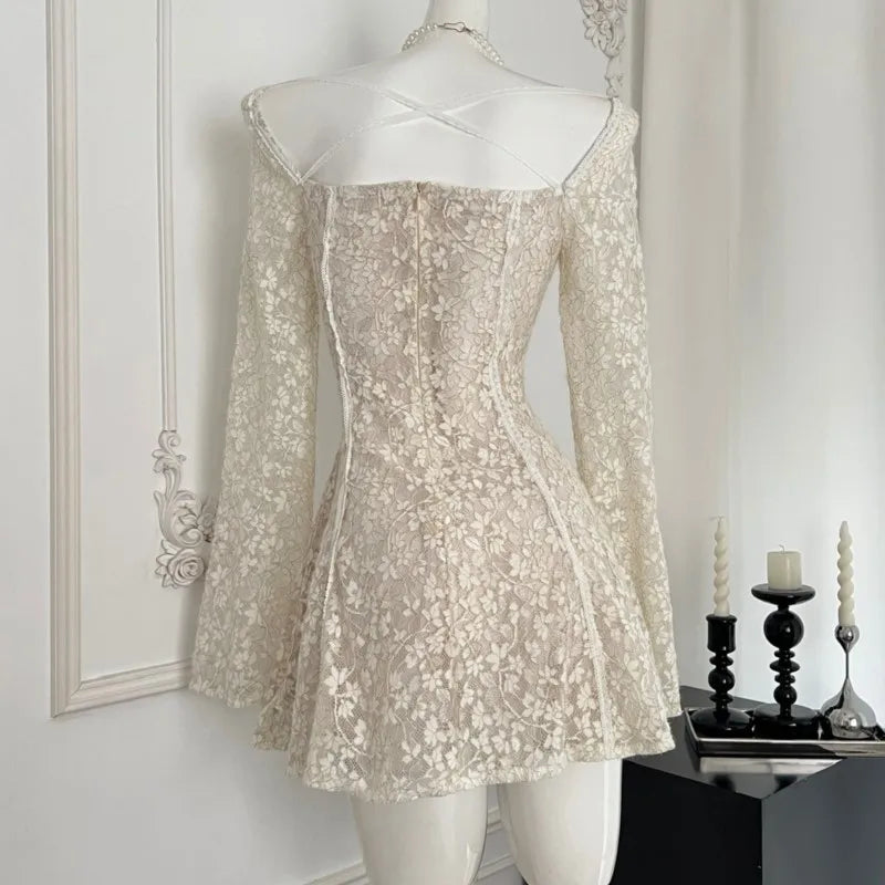 Lace Mini Dresses for Square Collar Flare Sleeve Slim Waist Aline Evening Party Dress Wedding Prom Short Vestidos