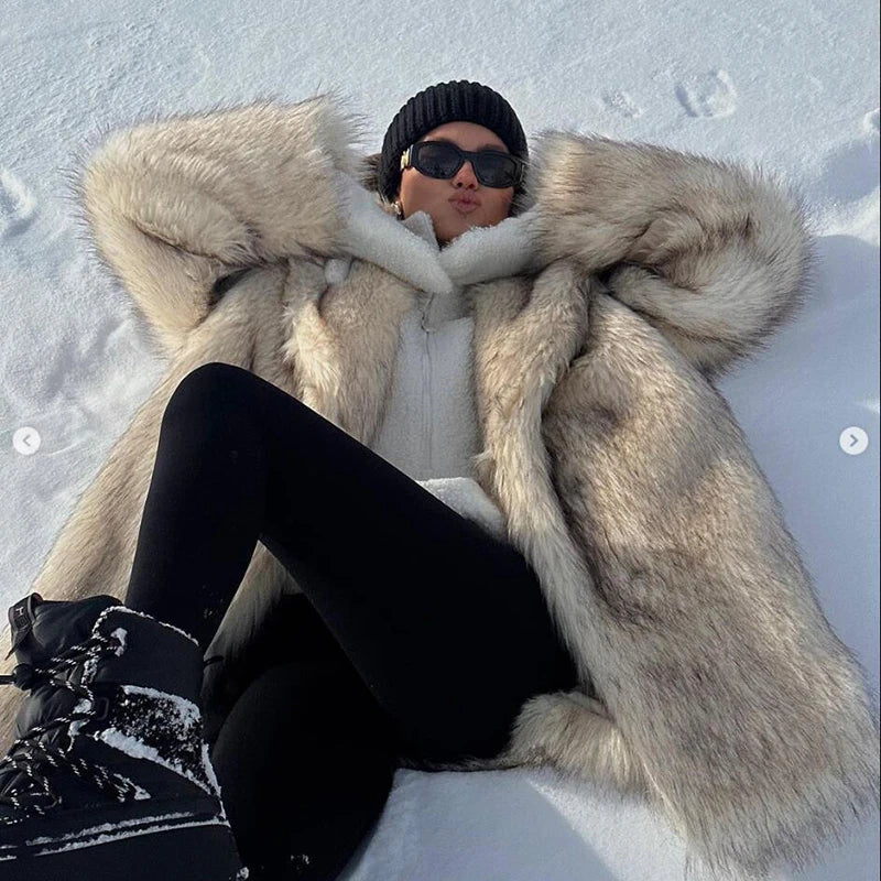 Brand Fluffy Faux Fur Jacket Winter Long Thicken Warm Gradient Fox Fur Coat Furry Overcoat