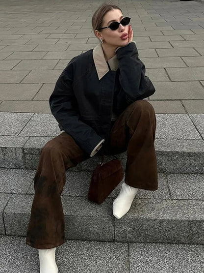 New Cargo Jackets Long Sleeve Patchwork Outwear With Pocket Street Style Punk Loose Top Coats