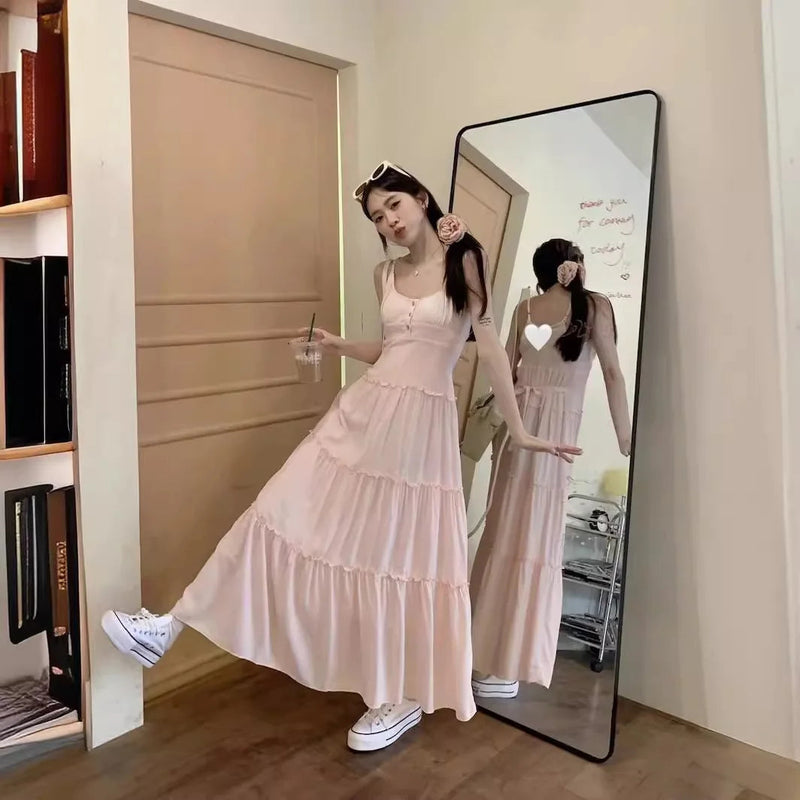 Strap Dress for With a Gentle Summer Temperament, Beach Vacation Aline Long Dress