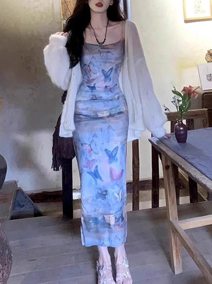 Summer Maxi Dress Preppy Style Butterfly Print Sleeveless Strap Dresses Clubwear Party Dresses