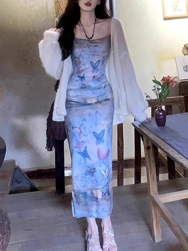 Summer Maxi Dress Preppy Style Butterfly Print Sleeveless Strap Dresses Clubwear Party Dresses