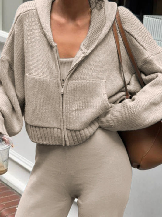 Knitter ��s Sweater Cardigan Zip Up Hooded Long Sleeve Retro Simple Harajuku Cropped Coat