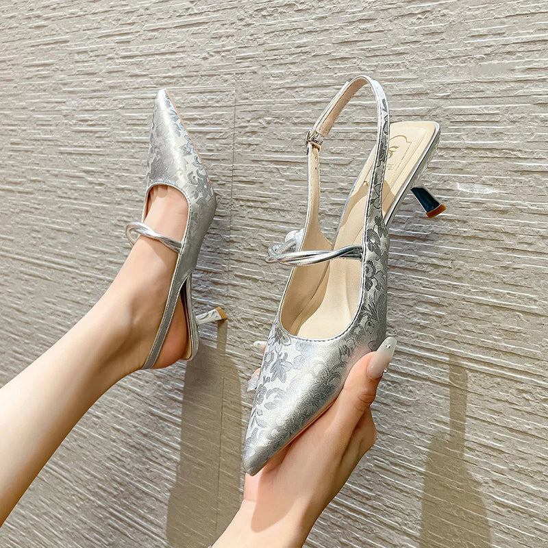 Satin Pointed Toe High Heels Designer Sandals Green Slingback Party Dress Shoes Muller Pumps