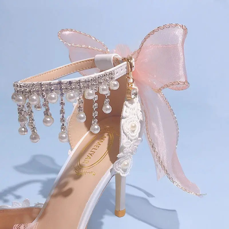 Lolita Brode Shoes New Pearl Rhinestone Pink High Heels for Sweet Flower Knot Bridal Wedding Shoes
