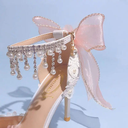 Lolita Brode Shoes New Pearl Rhinestone Pink High Heels for Sweet Flower Knot Bridal Wedding Shoes