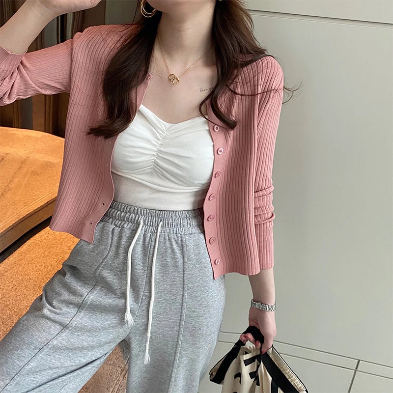 Knitted Cardigan With Camisole Skirt, Thin Outer Layer for Summer Yellow Short Cover Up, Shawl Sun Protection Jacket Top