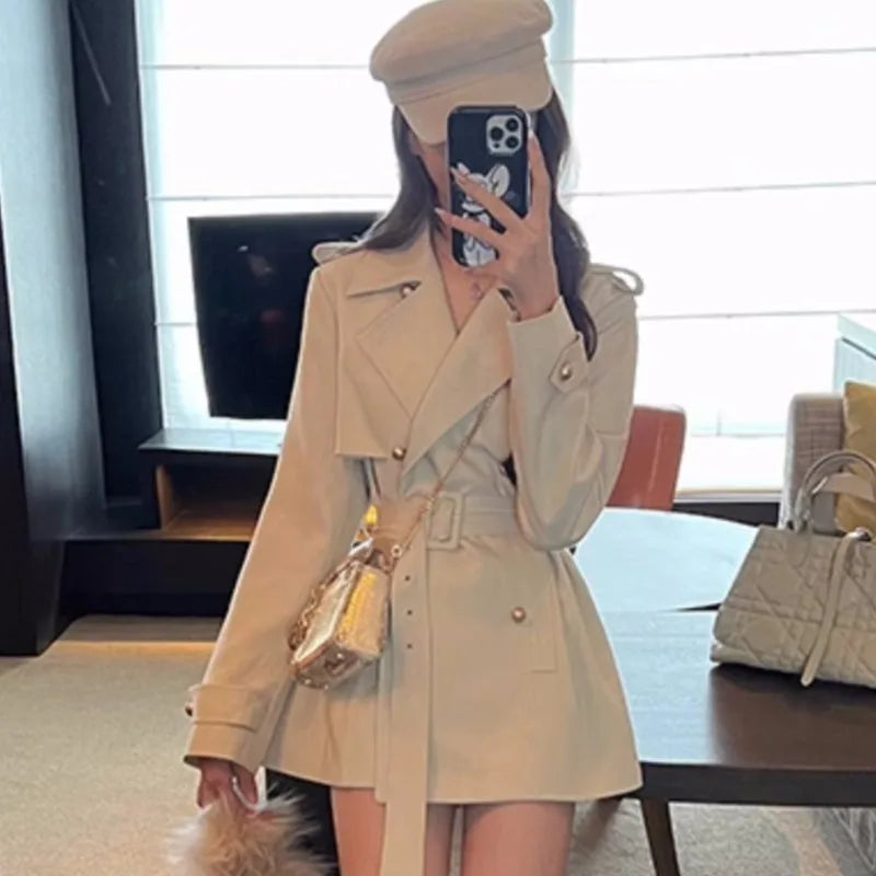 Lapel Blazer Coats Autumn New Double Breasted British Style Jacket With Belt Korean Outerwear