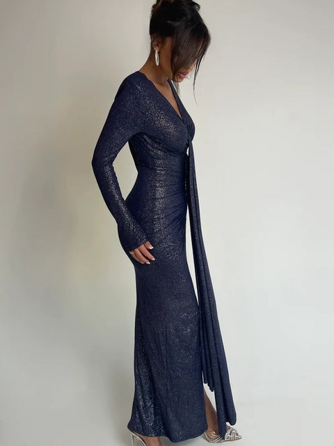 Long Sleeved Lace Up Pleated Evening Dress for Vneck Bodycon Elastic Maxi Dress Female Party Club Vestidos