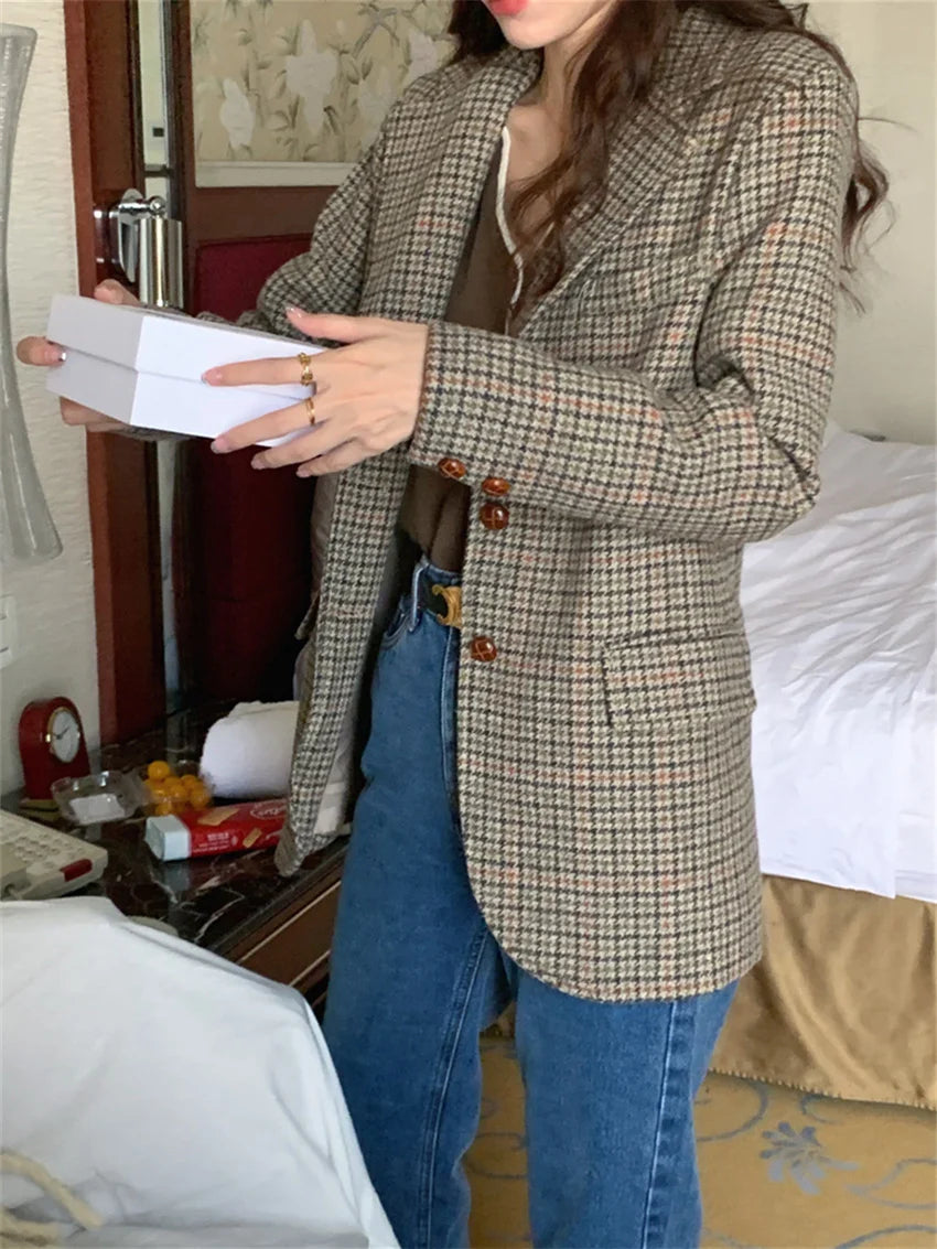 Ol Blazers Slim Autumn Woolen Office Lady Work Wear Plaid Mujer Coats Daily Houndstooth