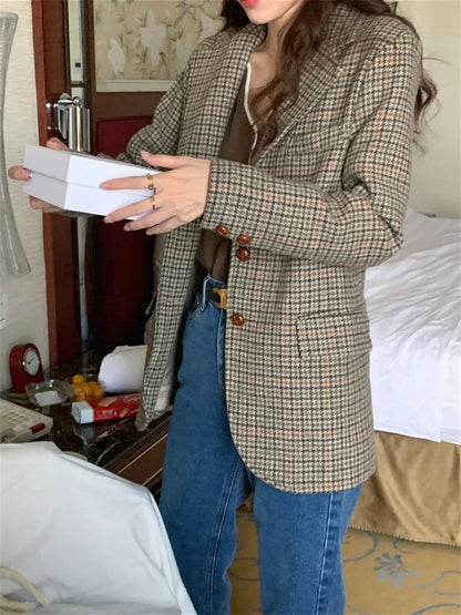 Ol Blazers Slim Autumn Woolen Office Lady Work Wear Plaid Mujer Coats Daily Houndstooth