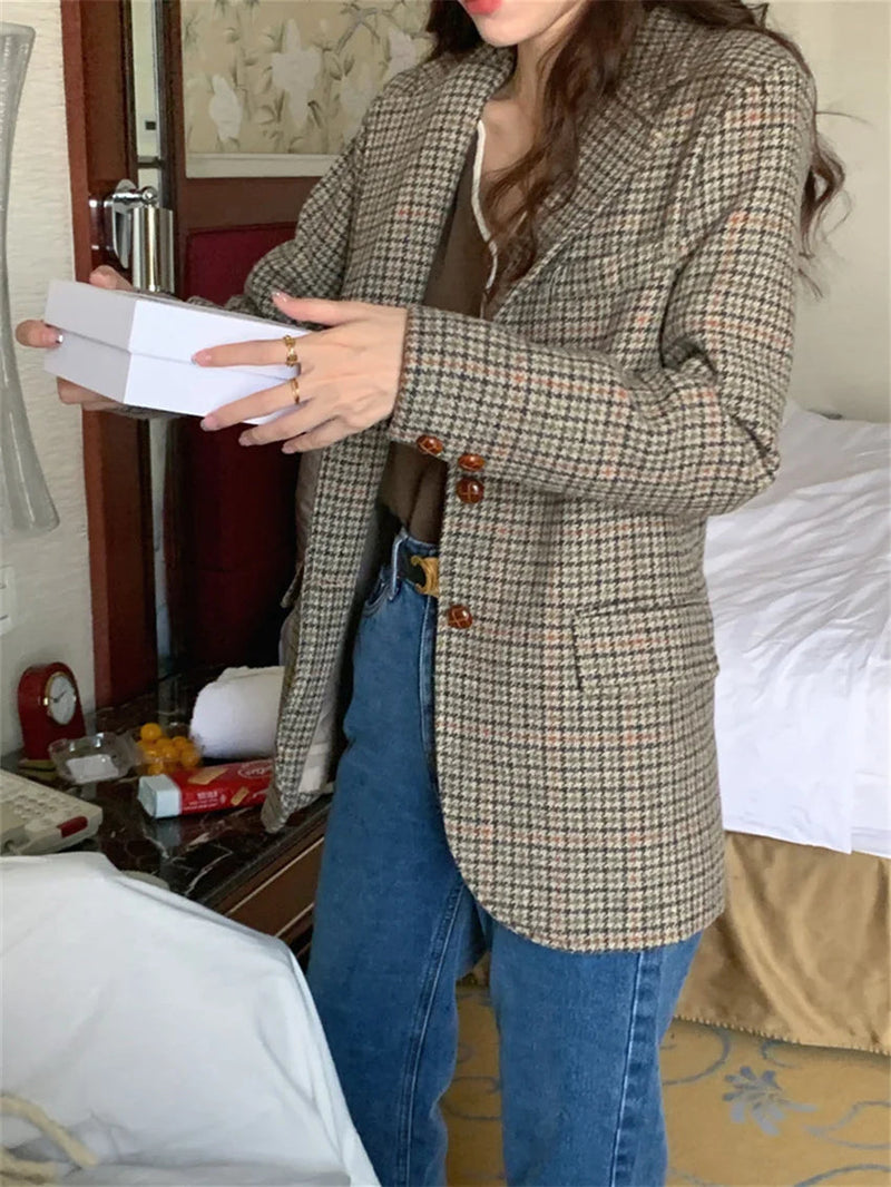 Ol Blazers Slim Autumn Woolen Office Lady Work Wear Plaid Mujer Coats Daily Houndstooth