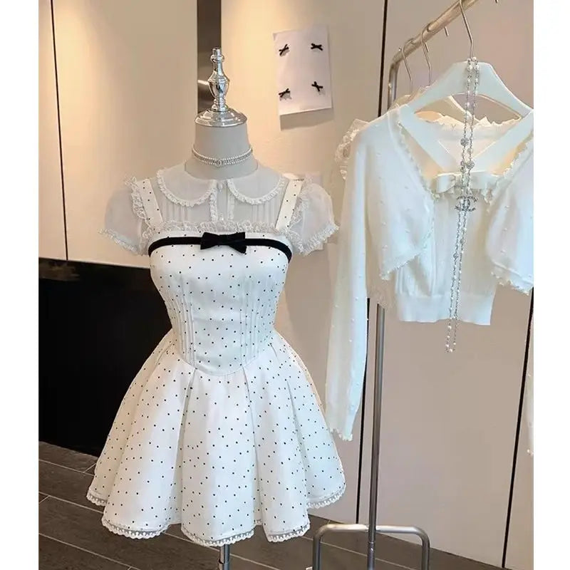 Summer Kawaii New Two Piece Set Chiffon Blouse+sleeveless Strap Dress Female Lolita Japanese Princess Suit