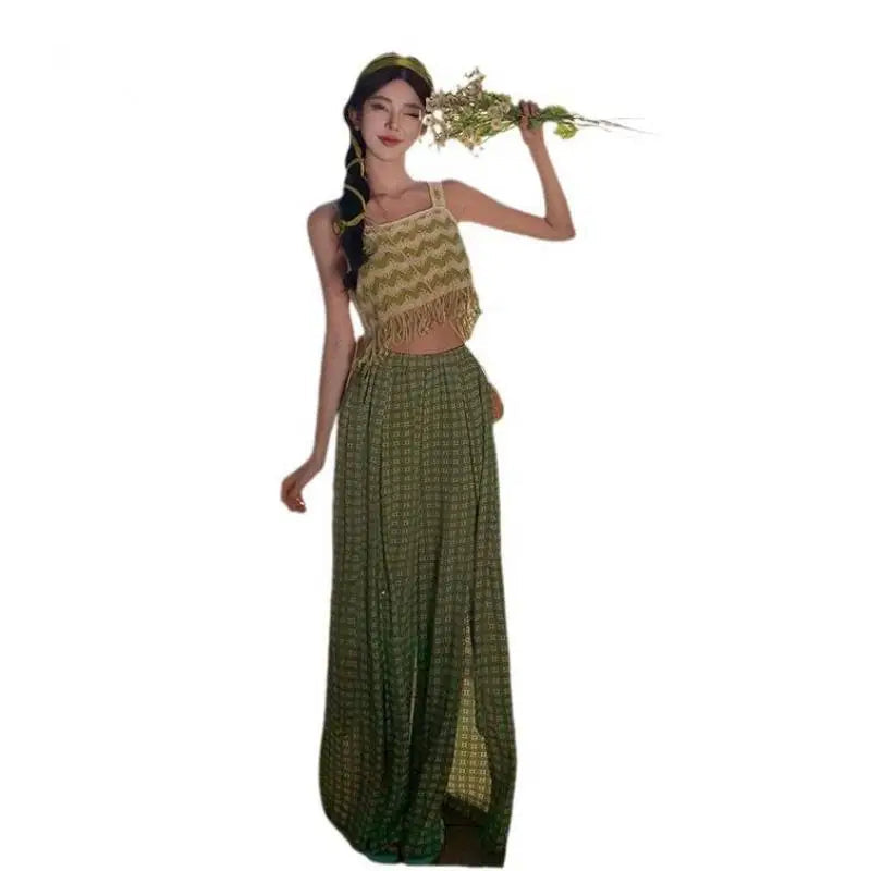 Green Print High Waist Pleated Wide Leg Pant Summer Pink Loose Straight Split Trousers