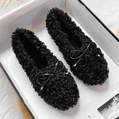 Plush Warm Flat Shoes for Winter Bow Design Nonslip Soft Bottom Ballet Shoes Low Heel Padded Mules